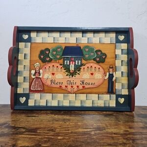 Folk Art Decorative Wood Painted Serving Tray Country Hanging Bless This House